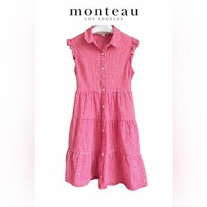 Monteau Los Angeles Red Gingham Tiered Button Front Dress Ruffle Sleeve Size S